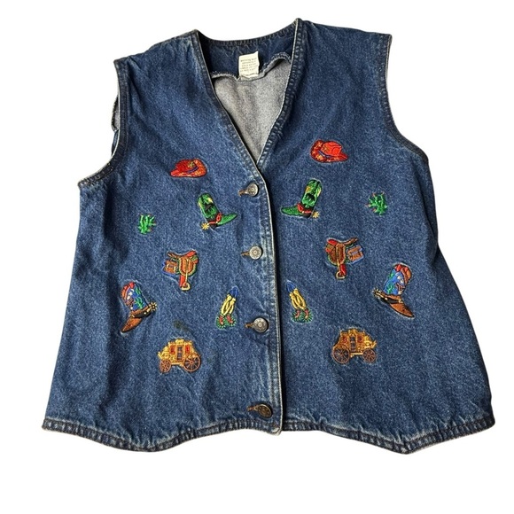Vintage Jean Vest 80s Back Corset 'Casey Coleman' Label Embroidered Denim SM - Picture 1 of 8
